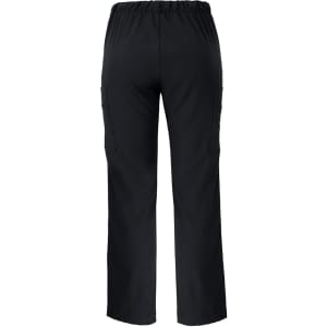 Black cargo pants with an elastic waistband and side pockets, featuring a simple design and a logo.