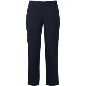 A pair of navy cargo pants featuring side pockets and a comfortable fit. Includes a logo on the design.