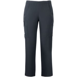 A pair of dark grey cargo pants featuring side pockets and a fitted design, with a logo on one side.