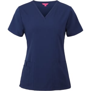 A navy blue women's scrub top featuring a V-neck design and pockets, with a branding logo.