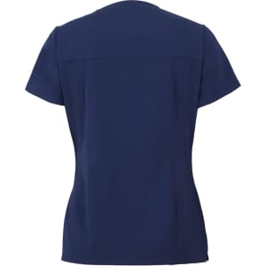 A navy blue ladies' scrub top with a short sleeve design and a simple, professional cut. It includes a logo.