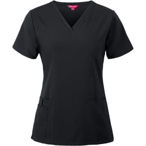 A black ladies scrub top featuring a V-neck design and two front pockets, with a logo present.
