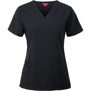 A black scrub top with a v-neck and short sleeves, featuring two front pockets. The design includes a branding logo.