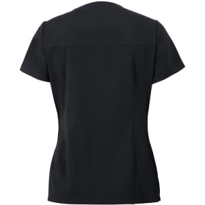 A black ladies scrub top with short sleeves and a simple design, featuring a logo on the back.