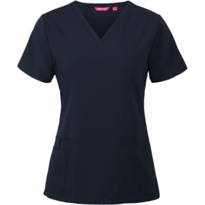 A navy blue scrub top with short sleeves, featuring a V-neck and two front pockets. It includes a branding logo.