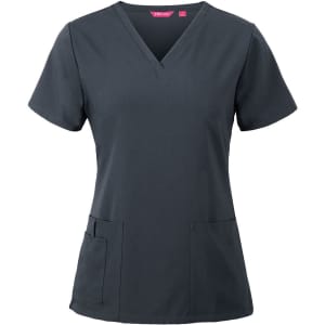 A dark grey scrub top with a V-neckline, short sleeves, and front pockets. It features a branded label.