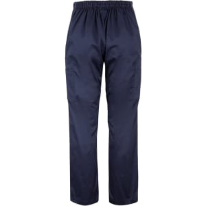 Navy blue scrub cargo pants featuring an elastic waistband and side pockets. Includes a logo on the fabric.