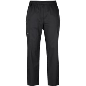 Black unisex cargo pants with an elastic waistband and side pockets, featuring a logo. Ideal for scrub uniforms.
