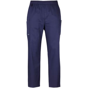 A pair of navy unisex cargo scrub pants with an elastic waistband and side pockets, featuring a discreet logo.