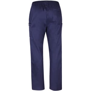 Navy blue unisex cargo pants with an elastic waistband and two side pockets. Features branding on the back.