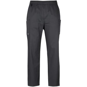 Unisex premium scrub cargo pants in dark grey with side pockets and an elastic waistband. Features branding logo.