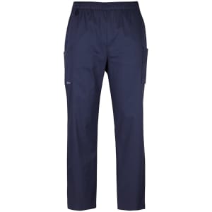 Navy unisex cargo pants with an elastic waistband and side pockets, featuring a logo. Suitable for scrub bottoms.