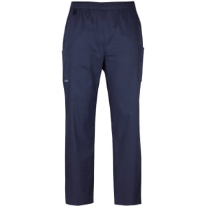 Navy unisex cargo pants feature an elastic waistband and side pockets. Designed as premium scrub bottoms.
