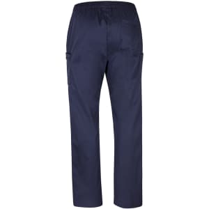 Unisex premium cargo pants in navy blue with an elastic waistband and multiple pockets. Branding present.