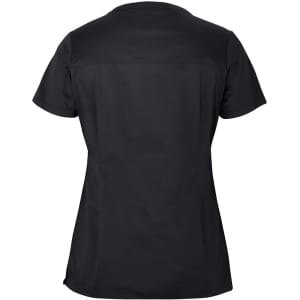 A black ladies' scrub top featuring a simple design and a logo on the back.