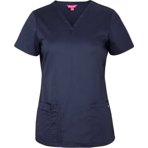 A navy blue scrub top featuring a V-neck design with two front pockets and a logo.