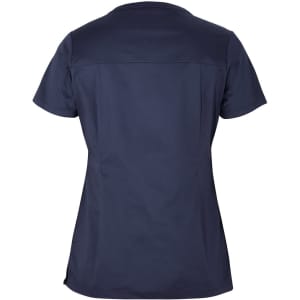 A navy blue ladies scrub top with a short sleeve and a simple, clean design. It features a logo.