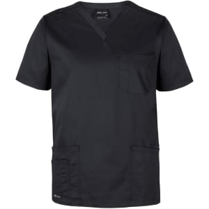 A black unisex scrub top featuring a V-neck, short sleeves, and multiple pockets. It has a branding logo.
