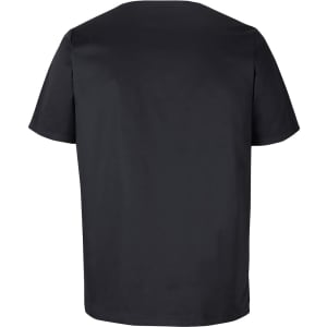A unisex scrub top in black, featuring a simple design with short sleeves and a round neckline.