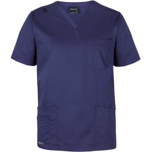 A unisex premium scrub top in navy blue with a pocket and a logo. It features short sleeves and a V-neck design.