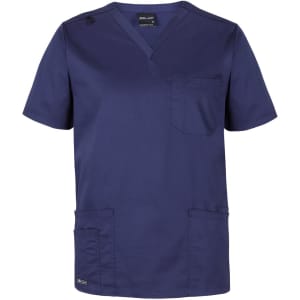 A navy blue unisex scrub top featuring a pocket and a logo, designed for medical or uniform use.