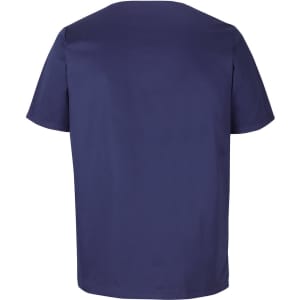 A unisex premium scrub top in navy blue, featuring short sleeves and a simple design. It includes a logo.