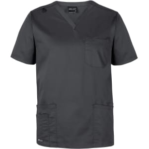 A grey unisex premium scrub top with short sleeves and a pocket. Features a logo on the side.