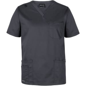 A dark grey unisex scrub top featuring a v-neck, short sleeves, and multiple pockets. It has a branding logo.