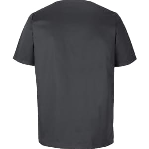 A unisex premium scrub top in dark grey, featuring a simple design with a branding logo.