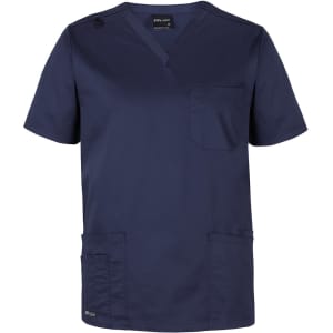 A navy unisex scrubs top featuring a V-neck, short sleeves, and multiple pockets. There is a logo on the chest area.