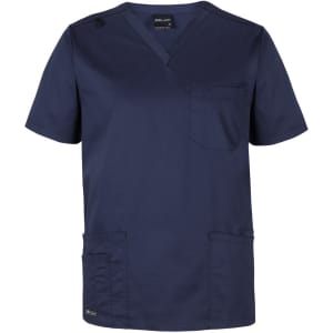 A navy blue unisex premium scrub top featuring short sleeves and multiple pockets, with a logo on the side.