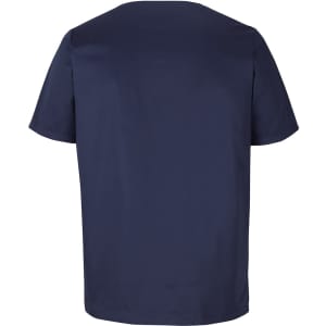 A navy unisex scrub top with a round neckline and short sleeves, featuring a simple design and a logo.