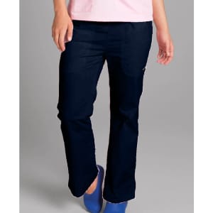 Navy scrubs pants for women featuring pockets and a logo. Worn with a pink top and blue shoes.