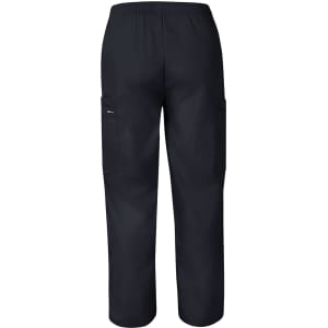 Unisex scrub pants in black with elastic waistband and side pockets. Features branding on the fabric.