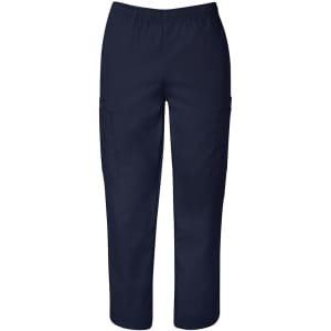 Unisex scrub pants in navy blue with an elastic waistband and side pockets. Features a subtle logo.