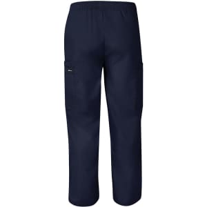 Navy unisex scrubs pants with a relaxed fit, featuring side pockets and an elastic waistband.