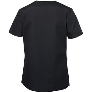 A black ladies' scrub top featuring short sleeves and a rounded hem. The top includes a logo on the back.