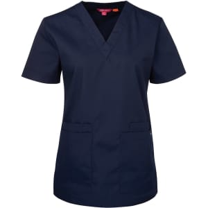 A navy blue scrub top with a V-neck design and two front pockets. It has a logo on the side.