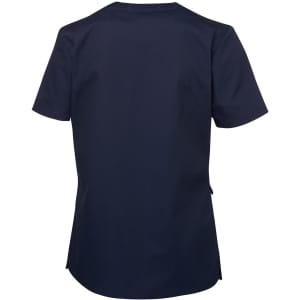 A navy blue ladies' scrubs top featuring short sleeves and a relaxed fit. Includes a logo on the back.