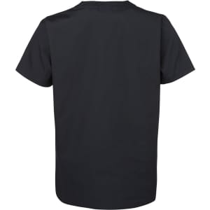 A unisex scrub top in black with short sleeves, featuring a plain design and a branded logo.