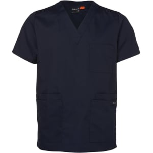 A navy blue unisex scrubs top with short sleeves, featuring a pocket on the chest and two front pockets.