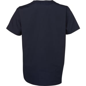 A unisex scrub top in navy blue featuring a simple design and a logo on the back.