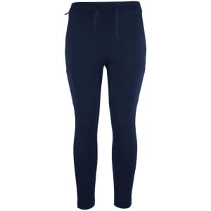 A pair of navy blue stretch ponte pants with side pockets and a drawstring waistband.