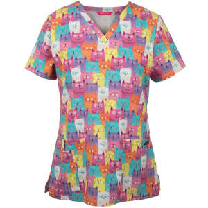 A printed scrub top featuring a vibrant pattern of colourful cats in shades of pink, purple, orange, and yellow.