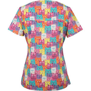 A brightly coloured scrub top featuring a playful cat print in various shades, with a logo present.