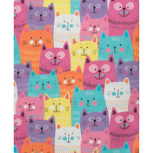 A vibrant print featuring colourful cartoon cat faces in various shades of pink, orange, yellow, green, and purple.
