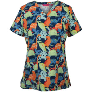 A ladies' scrub top featuring a colourful dinosaur print in blue, orange, green, and pink with a v-neck design.