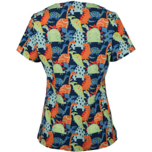 A colourful scrub top featuring a playful dinosaur print on a navy background. It has a logo on it.