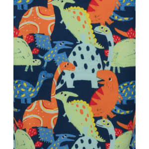 A printed scrub top featuring a colourful dinosaur pattern in shades of blue, orange, green, and yellow.
