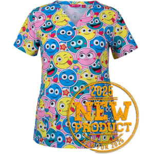 A colourful scrub top featuring playful emoji patterns in blue, pink, and yellow. It has a logo.